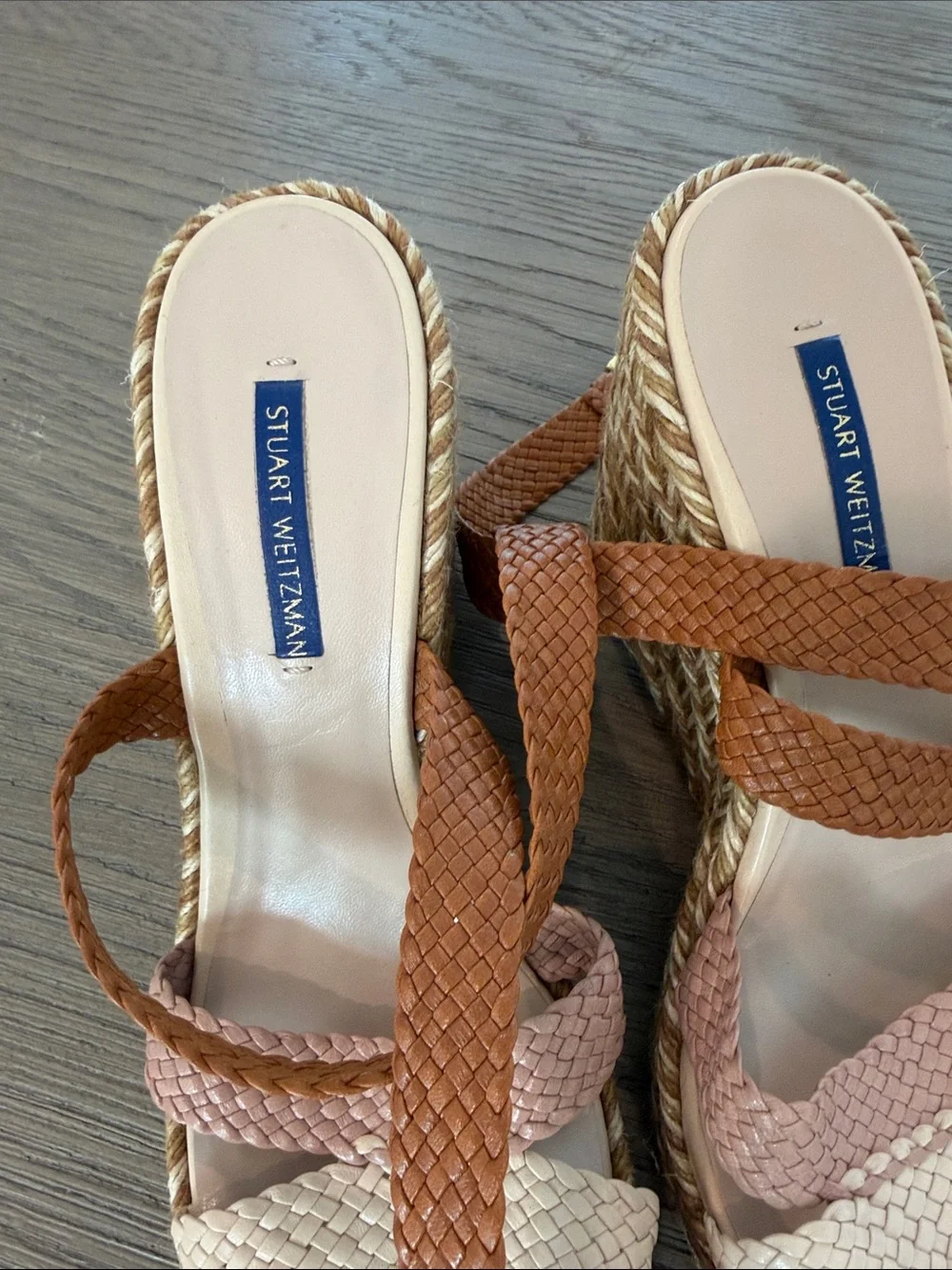 Stuart Weitzman Tan, Pink & Cream Woven Espadrille Wedge Sandals - Picture 2 of 5